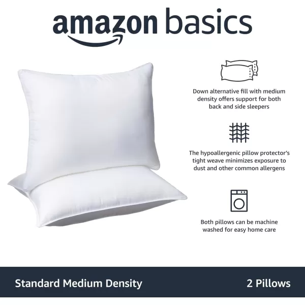 Amazon Basics Down Alternative Pillows Soft Density For Stomach and Back Sleepers Standard Pack of 2 White 26 in L x 20 in WStandard Pack of 2 Medium