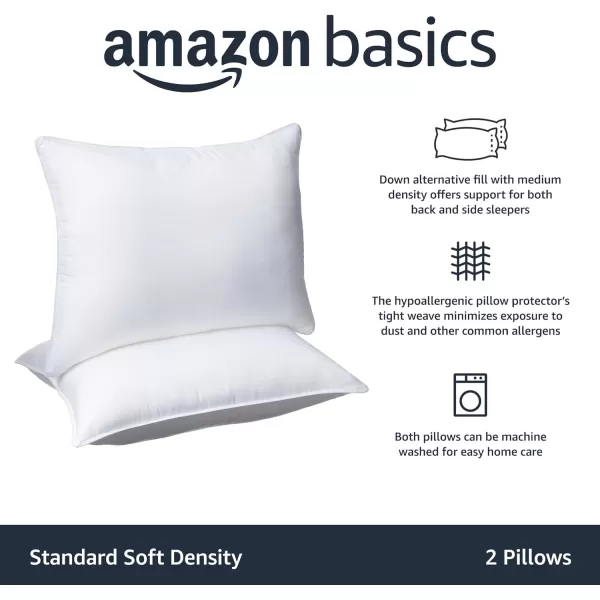 Amazon Basics Down Alternative Pillows Soft Density For Stomach and Back Sleepers Standard Pack of 2 White 26 in L x 20 in WStandard Pack of 2 Soft