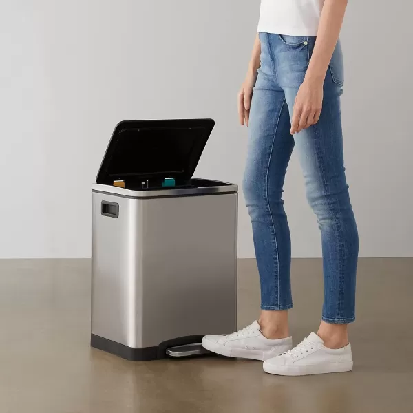 Amazon Basics Dual Bin Rectangular Trash Can With SoftClose Foot Pedal 30Liter 2 x 15 Liter Interior Bins Brushed Stainless Steel Suitable for 1 or 2 People30Liter