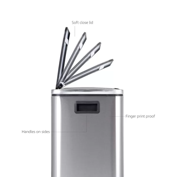 Amazon Basics Dual Bin Rectangular Trash Can With SoftClose Foot Pedal 30Liter 2 x 15 Liter Interior Bins Brushed Stainless Steel Suitable for 1 or 2 People30Liter
