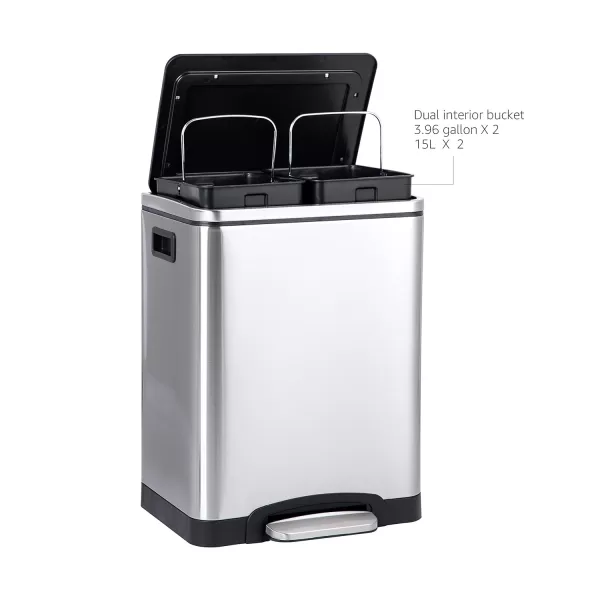 Amazon Basics Dual Bin Rectangular Trash Can With SoftClose Foot Pedal 30Liter 2 x 15 Liter Interior Bins Brushed Stainless Steel Suitable for 1 or 2 People30Liter