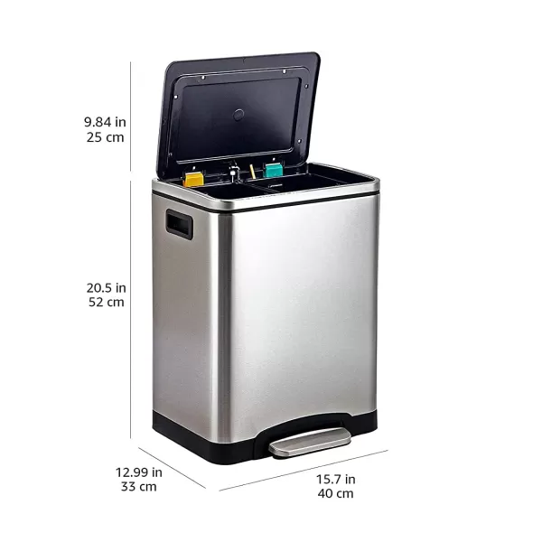 Amazon Basics Dual Bin Rectangular Trash Can With SoftClose Foot Pedal 30Liter 2 x 15 Liter Interior Bins Brushed Stainless Steel Suitable for 1 or 2 People30Liter