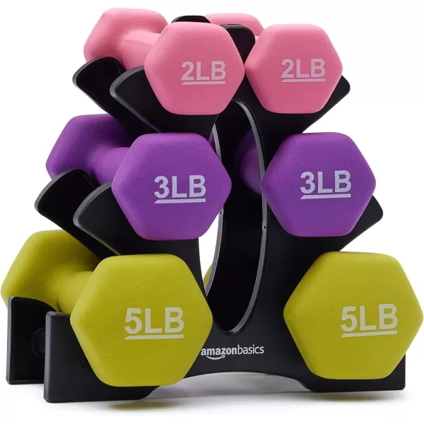 Amazon Basics Easy Grip Workout Dumbbell Neoprene Coated Various Sets and Weights availableRack with 3 Pairs  2 Lb 3 Lb 5 Lb