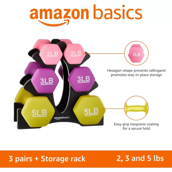 Amazon Basics Easy Grip Workout Dumbbell Neoprene Coated Various Sets and Weights availableRack with 3 Pairs  2 Lb 3 Lb 5 Lb