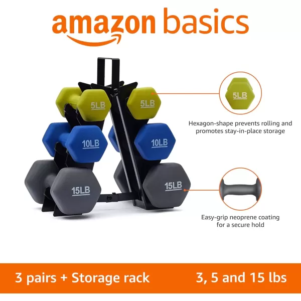 Amazon Basics Easy Grip Workout Dumbbell Neoprene Coated Various Sets and Weights availableRack with 3 Pairs  5 Lb 10 Lb 15 Lb