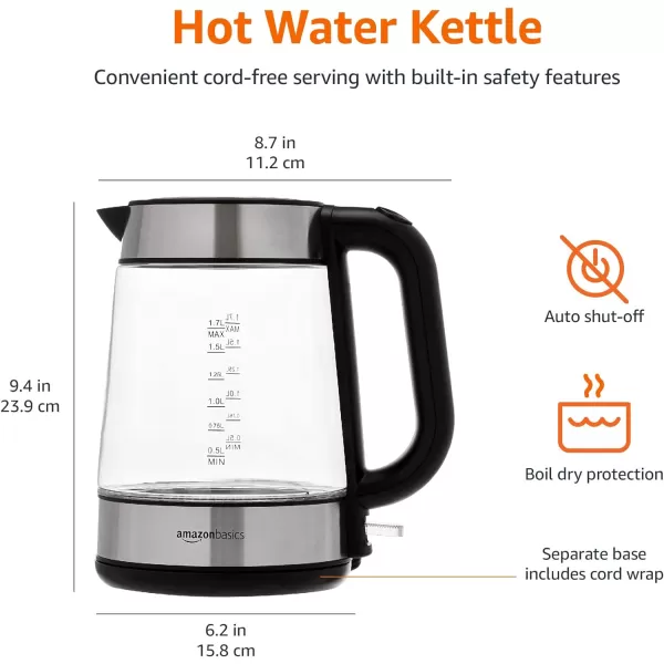 Amazon Basics Electric Glass and Steel Hot Tea Water Kettle 17Liter Black and SliverGlass Carafe 17 Liter