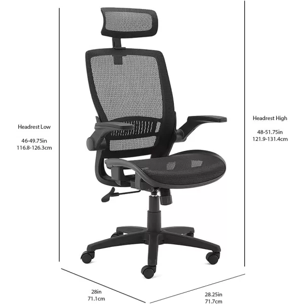 Amazon Basics Ergonomic Adjustable HighBack Chair with FlipUp Arms and Headrest Contoured Mesh Seat  Black 255D x 2625W x 4925HBlack