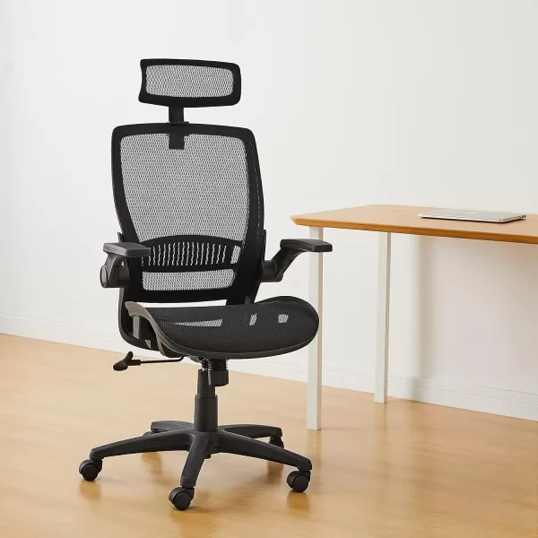Amazon Basics Ergonomic Adjustable HighBack Chair with FlipUp Arms and Headrest Contoured Mesh Seat  Black 255D x 2625W x 4925HBlack