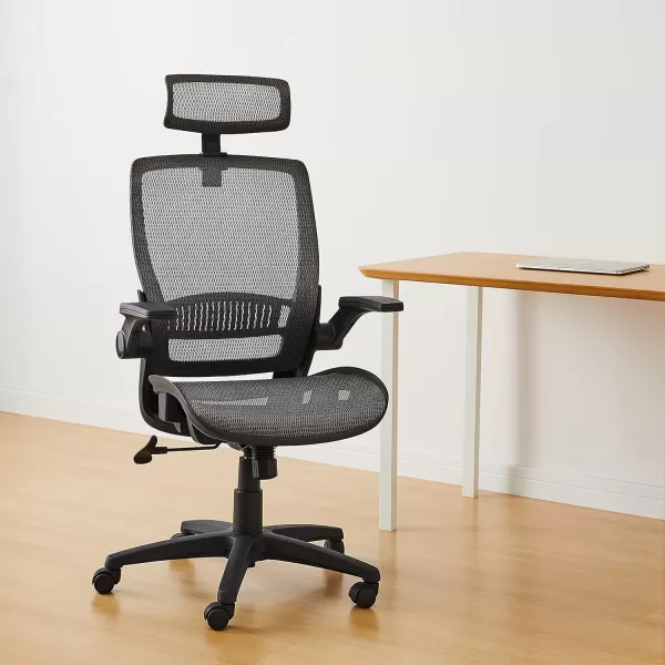 Amazon Basics Ergonomic Adjustable HighBack Chair with FlipUp Arms and Headrest Contoured Mesh Seat  Black 255D x 2625W x 4925HGrey