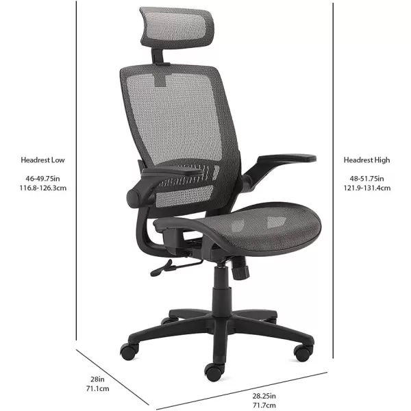 Amazon Basics Ergonomic Adjustable HighBack Chair with FlipUp Arms and Headrest Contoured Mesh Seat  Black 255D x 2625W x 4925HGrey