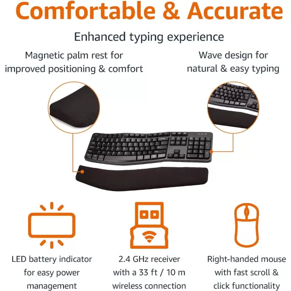 Amazon Basics Ergonomic Wireless Keyboard Mouse Combo  QWERTY  BlackAmazon Basics Ergonomic Wireless Keyboard Mouse Combo  QWERTY  Black
