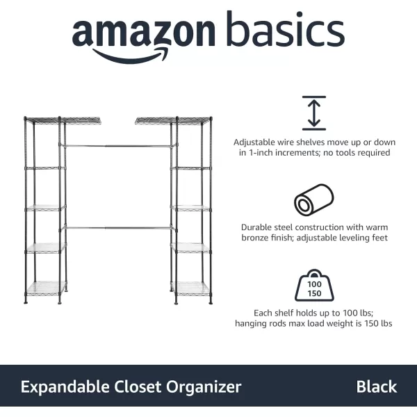 Amazon Basics Expandable Metal Hanging Storage Organizer Rack Wardrobe with Shelves 5780L X 14WX72H BronzeBlack Industrial