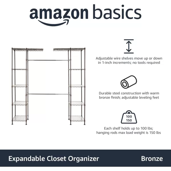 Amazon Basics Expandable Metal Hanging Storage Organizer Rack Wardrobe with Shelves 5780L X 14WX72H BronzeBronze Industrial