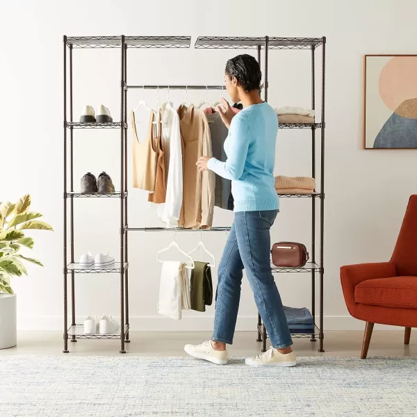 Amazon Basics Expandable Metal Hanging Storage Organizer Rack Wardrobe with Shelves 5780L X 14WX72H BronzeBronze Industrial