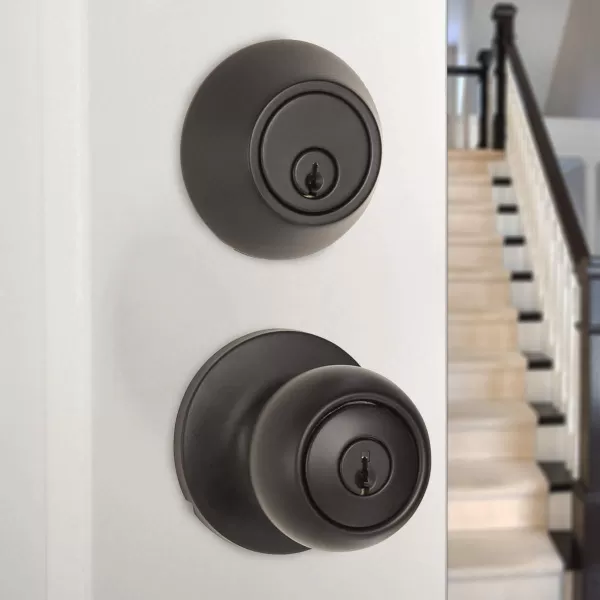 Amazon Basics Exterior Door Knob With Key Lock and Deadbolt Coastal Matte BlackBlack