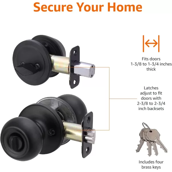 Amazon Basics Exterior Door Knob With Key Lock and Deadbolt Coastal Matte BlackBlack