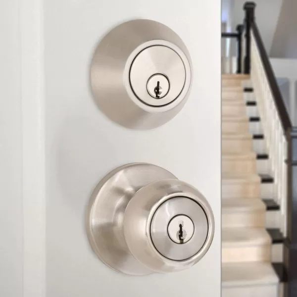 Amazon Basics Exterior Door Knob With Key Lock and Deadbolt Coastal Matte BlackSatin Nickel