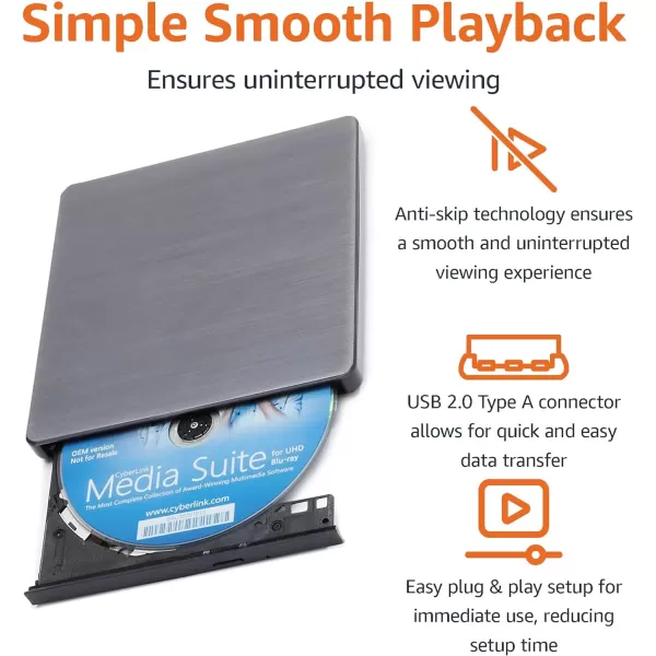Amazon Basics External Ultra HD Bluray 6X Burner With CyberLink Media Suite CD DVD BD DL BDXL Discs 57 x 61 x 06 inchesAmazon Basics External Ultra HD Bluray 6X Burner With CyberLink Media Suite CD DVD BD DL BDXL Discs 57 x 61 x 06 inches