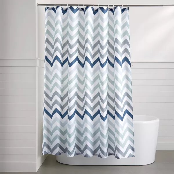Amazon Basics Fabric Shower Curtain with Grommets and Hooks  72 x 72 Inch WhiteBlue Ombre Chevron