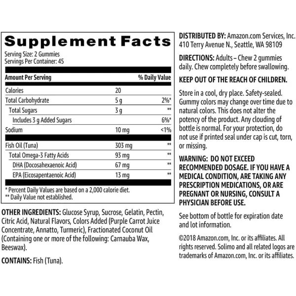 Amazon Basics Fish Oil 303 mg Lemon Orange amp StrawberryBanana flavors 90 Gummies 2 per Serving EPA and DHA Omega3 fatty acids Previously Solimo90 Count Pack of 1