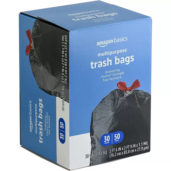 Amazon Basics Flextra Multipurpose Drawstring Trash Bags Unscented 30 Gallon 50 CountFlextra