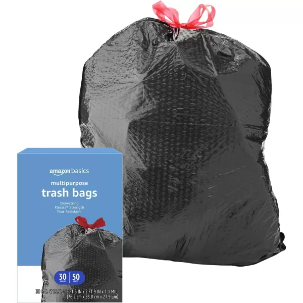 Amazon Basics Flextra Multipurpose Drawstring Trash Bags Unscented 30 Gallon 50 CountFlextra