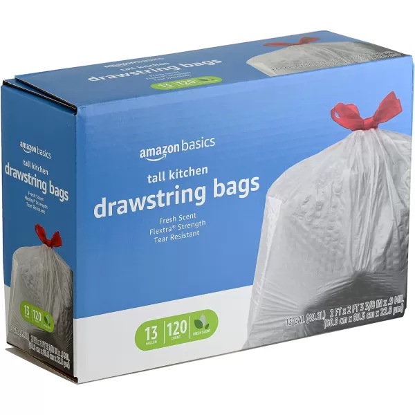 Amazon Basics Flextra Tall Kitchen Drawstring Trash Bags Fresh Scent 13 Gallon 120 CountFresh Scent 120 Count Pack of 1