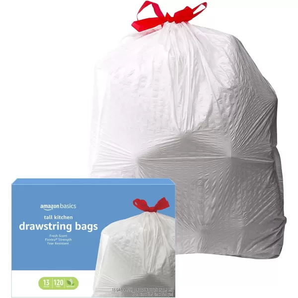 Amazon Basics Flextra Tall Kitchen Drawstring Trash Bags Fresh Scent 13 Gallon 120 CountFresh Scent 120 Count Pack of 1