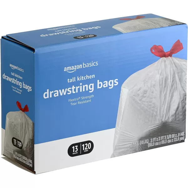 Amazon Basics Flextra Tall Kitchen Drawstring Trash Bags Fresh Scent 13 Gallon 120 CountUnscented 120 Count Pack of 1