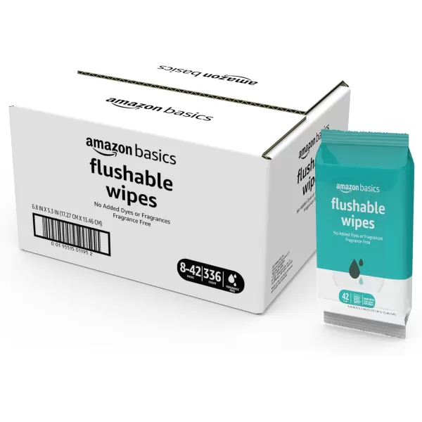 Amazon Basics Flushable Adult Toilet Wipes Fragrance Free 336 Count 8 Packs of 42 Previously Solimo42 Count Pack of 8