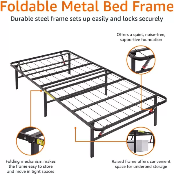 Amazon Basics Foldable Metal Platform Bed Frame with Tool Free Setup 14 Inches High King BlackTwin 14Inch