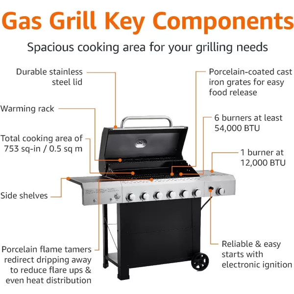 Amazon Basics Freestanding Gas Grill with Side Burner 6 Burner 66000 BTU6 Burner
