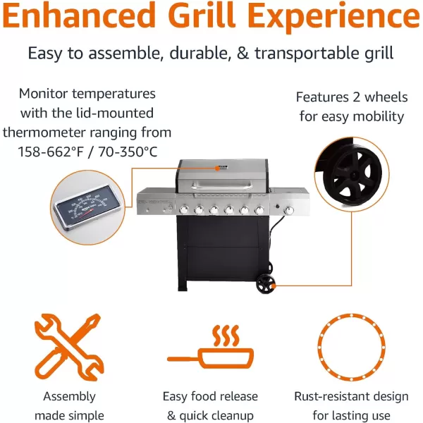 Amazon Basics Freestanding Gas Grill with Side Burner 6 Burner 66000 BTU6 Burner