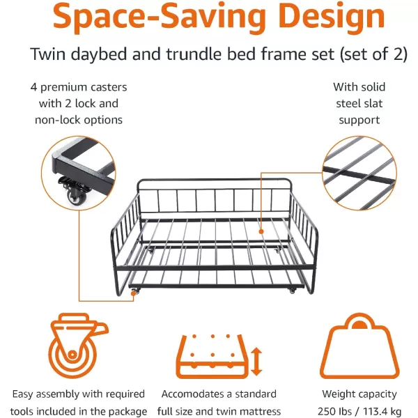 Amazon Basics Full Daybed and Twin Size Trundle Bed Frame Set Steel Slat Support 354H BlackFull