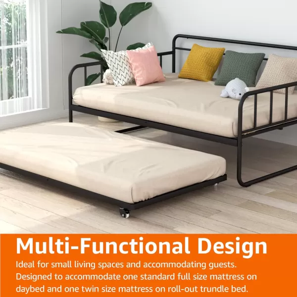 Amazon Basics Full Daybed and Twin Size Trundle Bed Frame Set Steel Slat Support 354H BlackFull