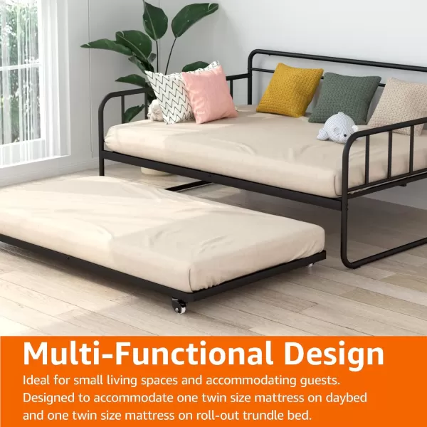 Amazon Basics Full Daybed and Twin Size Trundle Bed Frame Set Steel Slat Support 354H BlackTwin