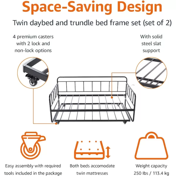 Amazon Basics Full Daybed and Twin Size Trundle Bed Frame Set Steel Slat Support 354H BlackTwin