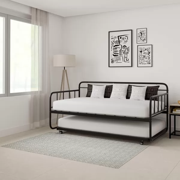Amazon Basics Full Daybed and Twin Size Trundle Bed Frame Set Steel Slat Support 354H BlackTwin