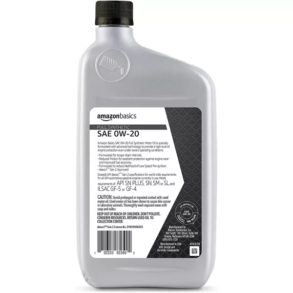 Amazon Basics Full Synthetic Motor Oil SN Plus 0W20 1 Quart 6 PackAmazon Basics Full Synthetic Motor Oil SN Plus 0W20 1 Quart 6 Pack