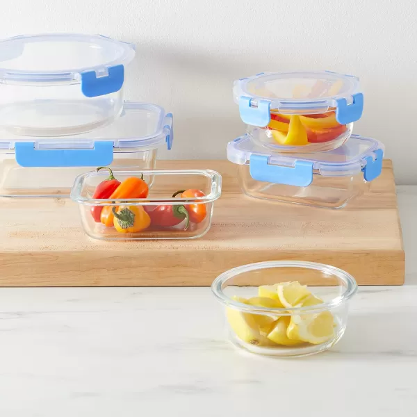 Amazon Basics Glass Food Storage Container with BPAFree Locking Lid  Set of 14 pieces clear with blue silicone ring14Piece Set