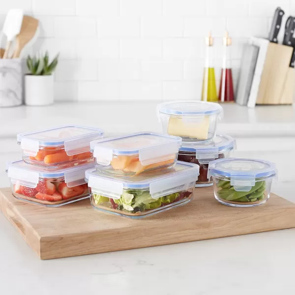 Amazon Basics Glass Locking Lids Food Storage Containers 14Piece Set 7 Count of Bases and 7 Plastic Lids Clear Blue14Piece