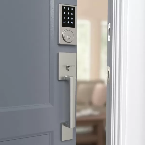 Amazon Basics Grade 3 Electronic Touchscreen Deadbolt Door Keypad Lock With Handleset Matte Black 133mm H Uppper x 2945mmL lowerSatin Nickel Pack of 6