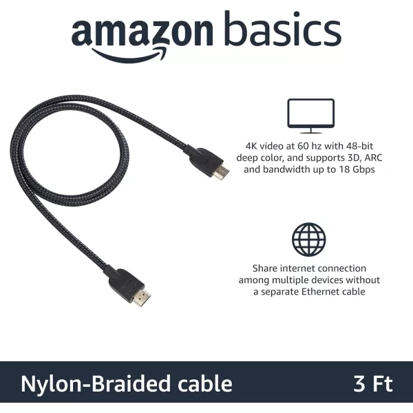 Amazon Basics HDMI Cable 18Gbps HighSpeed 4K60Hz 2160p NylonBraided Cord Ethernet Ready 25 Foot Nylon1Pack 3 Feet