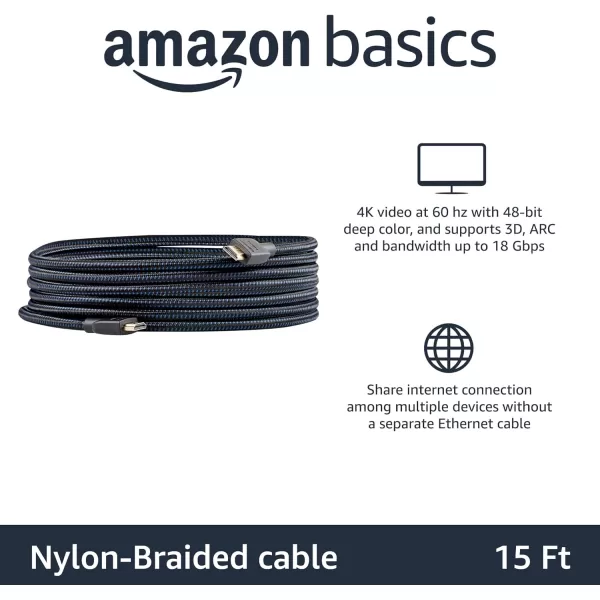 Amazon Basics HDMI Cable 18Gbps HighSpeed 4K60Hz 2160p NylonBraided Cord Ethernet Ready 25 Foot Nylon5Pack 15 Feet