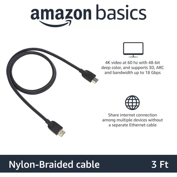 Amazon Basics HDMI Cable 18Gbps HighSpeed 4K60Hz 2160p NylonBraided Cord Ethernet Ready 25 Foot Nylon5Pack 3 Feet
