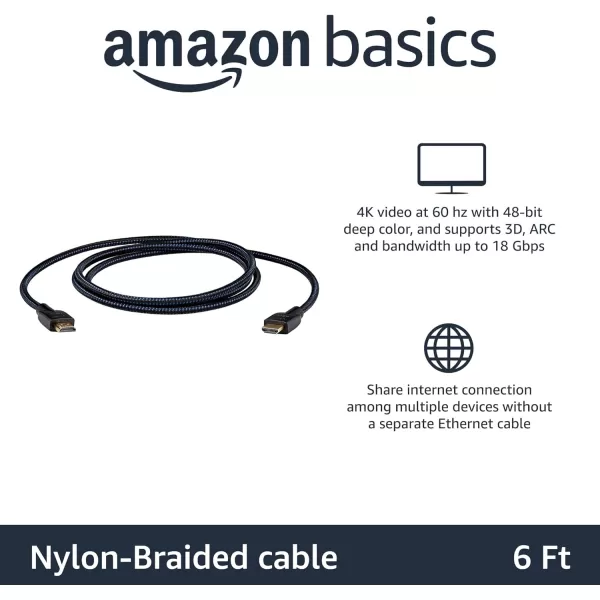 Amazon Basics HDMI Cable 18Gbps HighSpeed 4K60Hz 2160p NylonBraided Cord Ethernet Ready 25 Foot Nylon5Pack 6 Feet