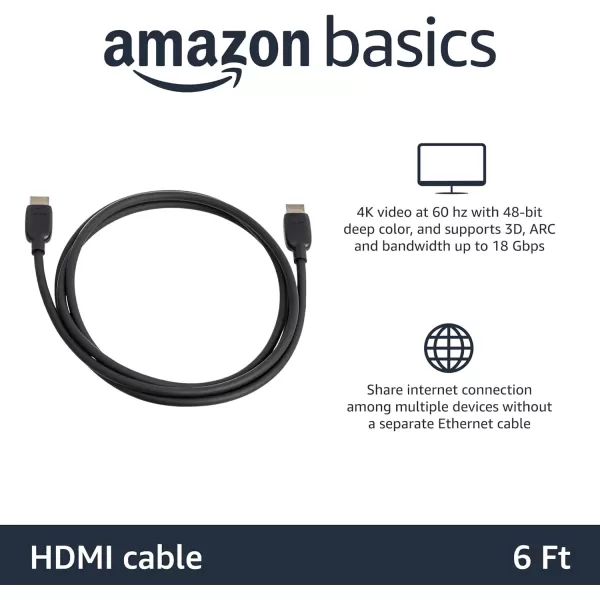 Amazon Basics HDMI Cable 48Gbps HighSpeed 8K60Hz 4K120Hz GoldPlated Plugs Ethernet Ready 6 Foot BlackBlack 6 Feet