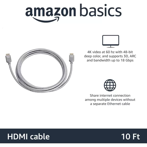 Amazon Basics HDMI Cable 48Gbps HighSpeed 8K60Hz 4K120Hz GoldPlated Plugs Ethernet Ready 6 Foot BlackDark Gray 10 Feet