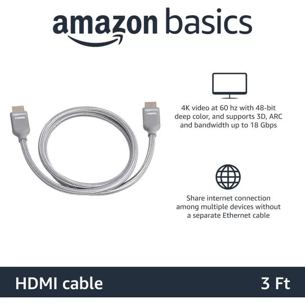 Amazon Basics HDMI Cable 48Gbps HighSpeed 8K60Hz 4K120Hz GoldPlated Plugs Ethernet Ready 6 Foot BlackDark Gray 3 Feet