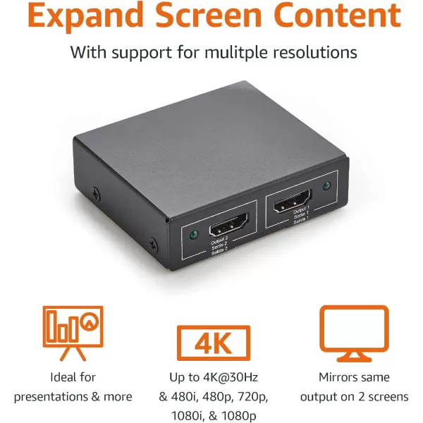 Amazon Basics HDMI Splitter 1 in 2 Out 4K30Hz for Dual Monitors Mirror Only BlackBlack  4K30Hz